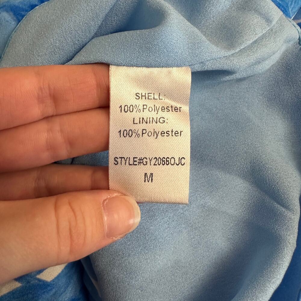 DO+BE NWT Tropical Halter Mini Dress Blue White Leaf Print Back Tie Medium - Picture 11 of 11